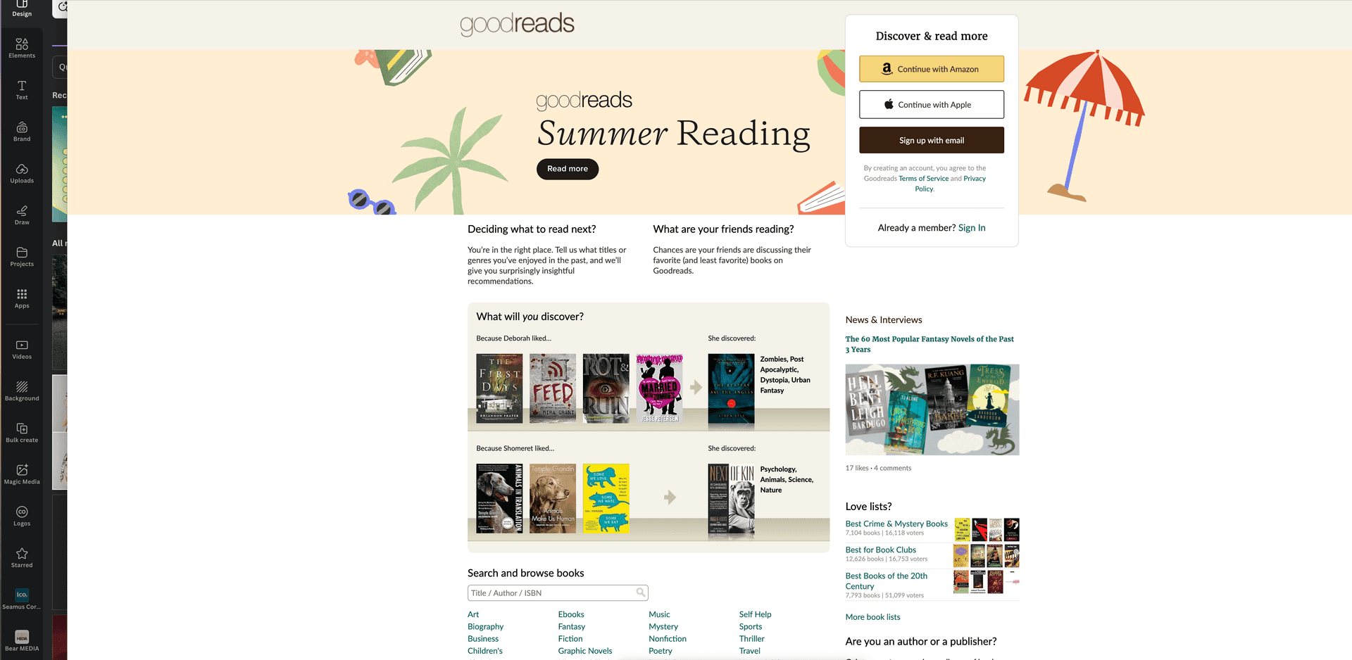 Goodreads Summer Reading webpage with book recommendations, sign-up options, and news sections.